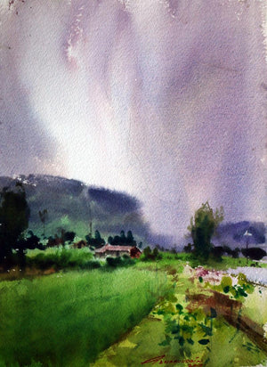 Untitled 9 (Gathering Storm) by Azharuuddin Inamdar, Original Watercolor Landscape Painting on Paper, X-Small Vertical Wall Art