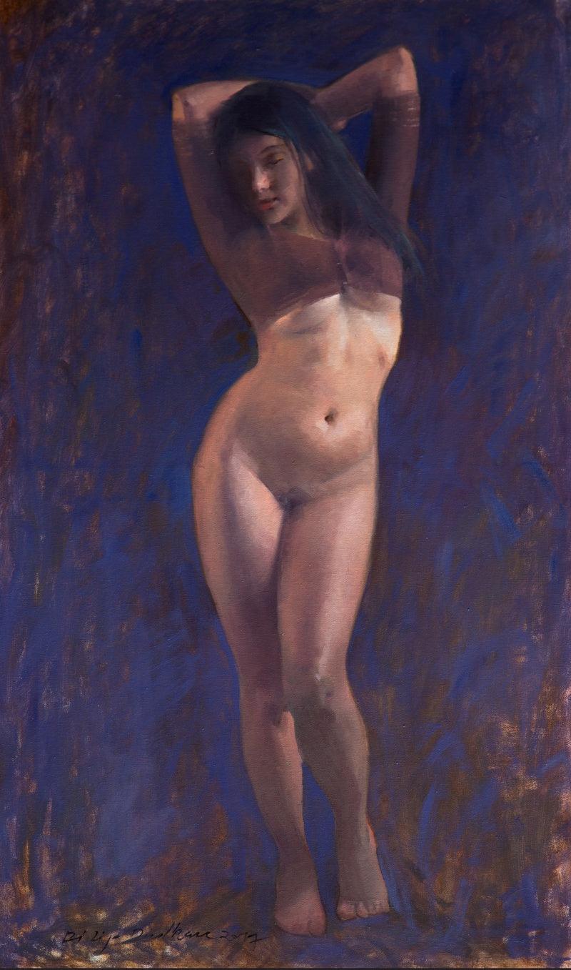 Nude oil painting titled 'Untitled 9', 36x24 inches, by artist Dilip Dudhane on Canvas