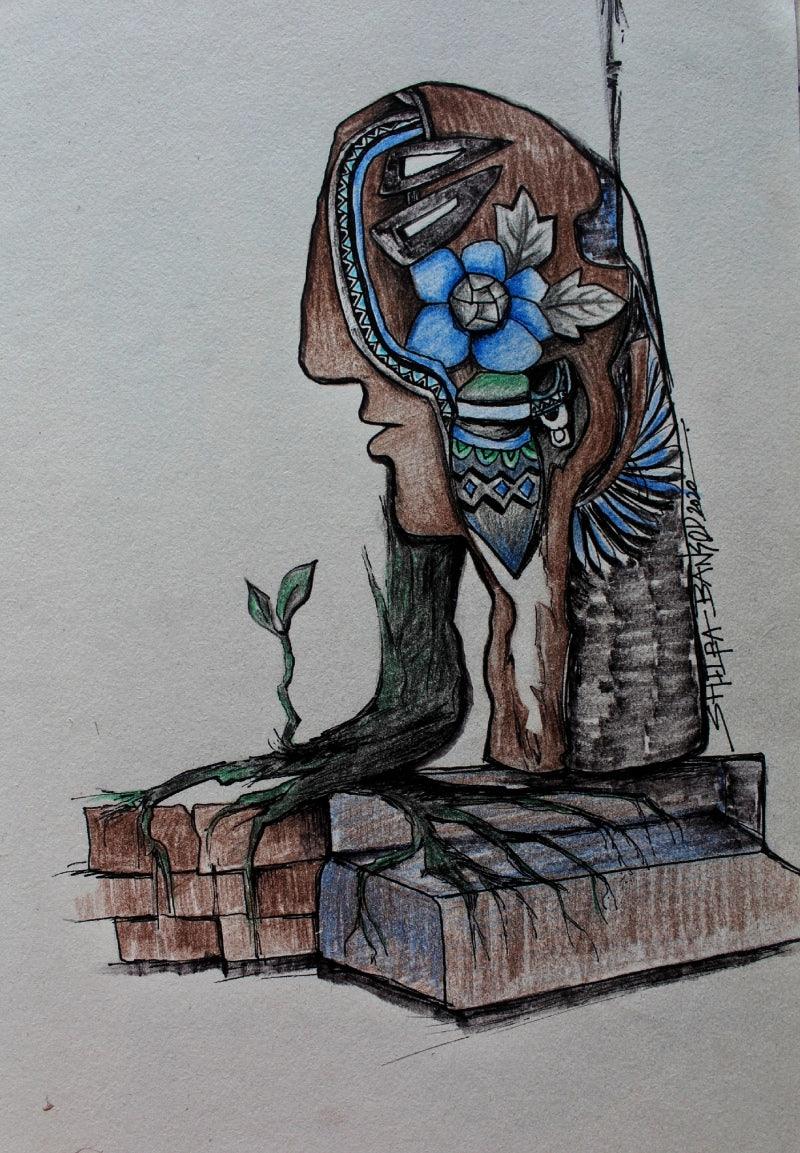 Figurative mixed media drawing titled 'Untitled 9', 11x7 inches, by artist Shilpa Bansod on Paper