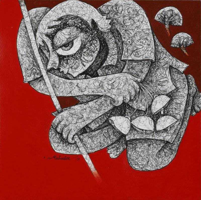 Figurative acrylic ink painting titled 'Untitled 9', 10x10 inches, by artist Mahavir Verma on paper