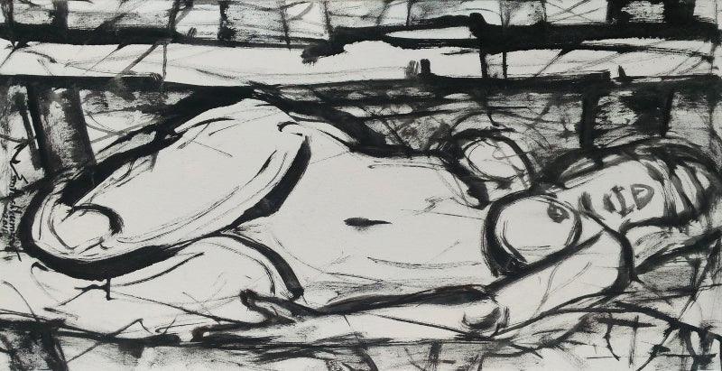 Nude oil painting titled 'Untitled 99', 15x30 inches, by artist Santoshkumar Patil on Canvas