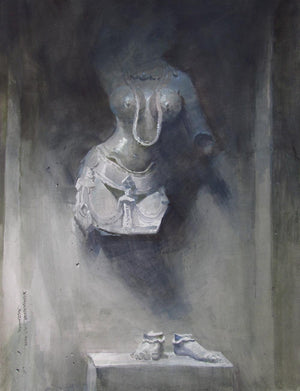 Untitled (Fragmented Divinity) by Bhargavkumar Kulkarni, Original Watercolor Figurative Painting on Mount Board, Medium Vertical Wall Art