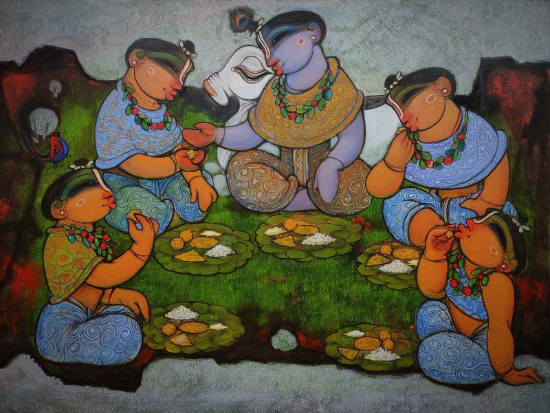 Religious acrylic painting titled 'Untitled', 36x48 inches, by artist Ramesh Gujar on Canvas
