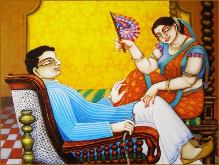 Figurative acrylic painting titled 'Untitled', 48x36 inches, by artist Gautam Mukherjee on Canvas