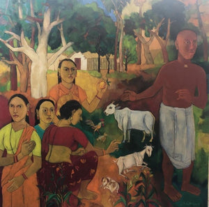 Figurative oil painting titled 'Untitled', 48x48 inches, by artist Laxma Goud on Canvas