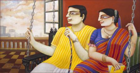 Figurative acrylic painting titled 'Untitled', 18x36 inches, by artist Gautam Mukherjee on Canvas