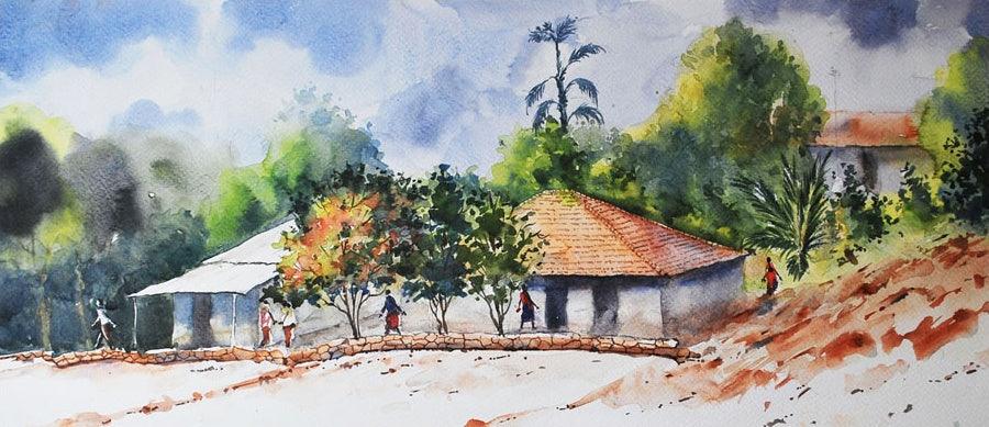 Landscape watercolor painting titled 'Untitled', 14x27 inches, by artist Ramdas Thorat on Paper