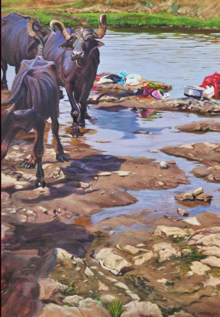 Realistic oil painting titled 'Untitled', 48x19 inches, by artist Vivek Vadkar on Canvas