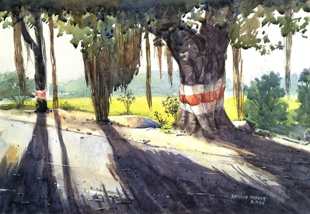 Landscape watercolor painting titled 'Untitled', 14x18 inches, by artist Ramdas Thorat on Paper