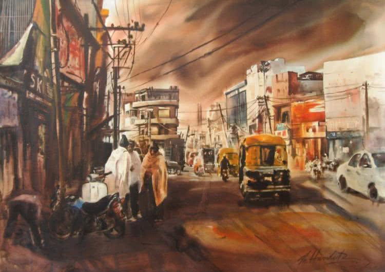 Landscape watercolor painting titled 'Untitled', 30x38 inches, by artist Hamlet Shougrakpam on Paper