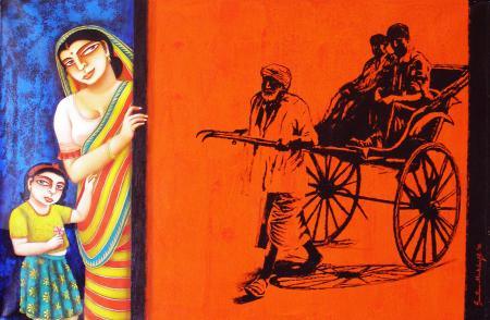 Figurative acrylic painting titled 'Untitled', 24x36 inches, by artist Gautam Mukherjee on Canvas