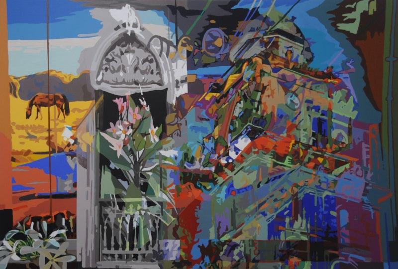 Cityscape acrylic painting titled 'Untitled', 53x78 inches, by artist Fawad Tamkanat on Canvas