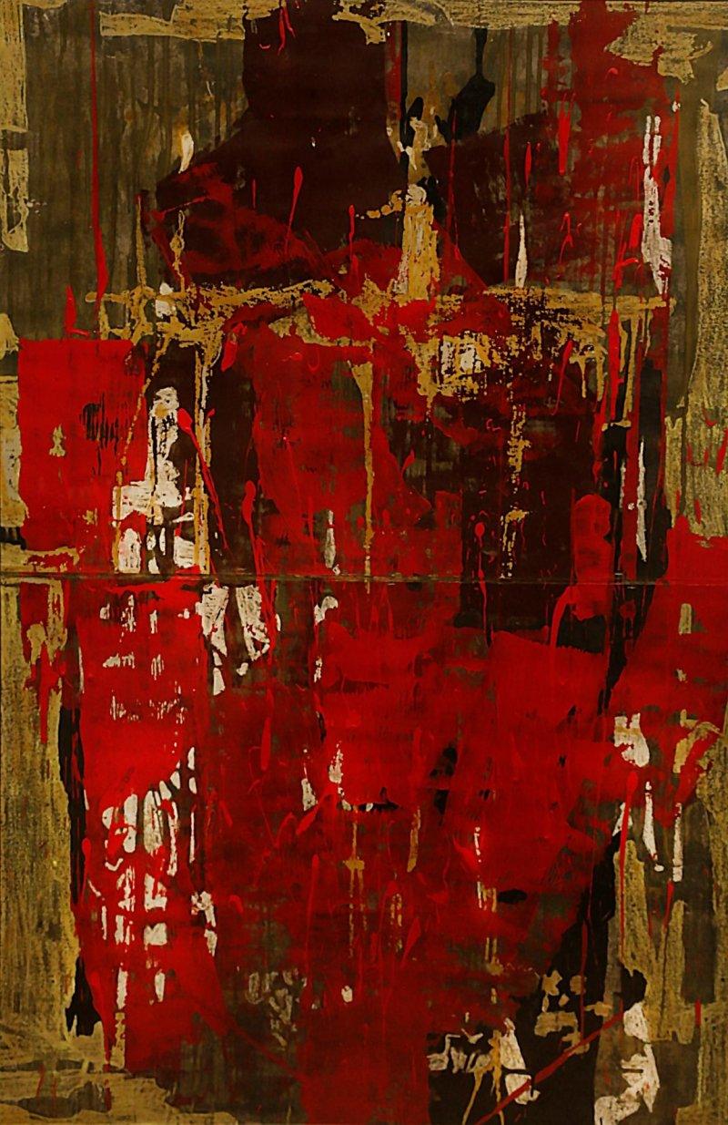 Abstract mixed media painting titled 'Untitled', 65x42 inches, by artist Kashinath Jadhav on Paper