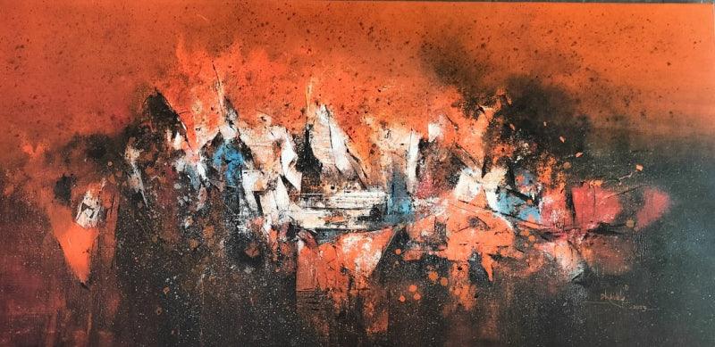 Abstract acrylic painting titled 'Untitled', 36x72 inches, by artist Dnyaneshwar Dhavale on Canvas