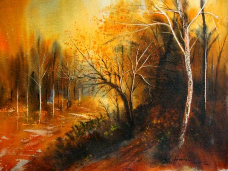 Landscape watercolor painting titled 'Untitled', 30x38 inches, by artist Hamlet Shougrakpam on Paper