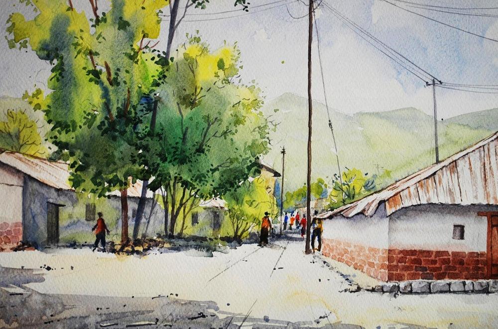 Landscape watercolor painting titled 'Untitled', 14x18 inches, by artist Ramdas Thorat on Paper