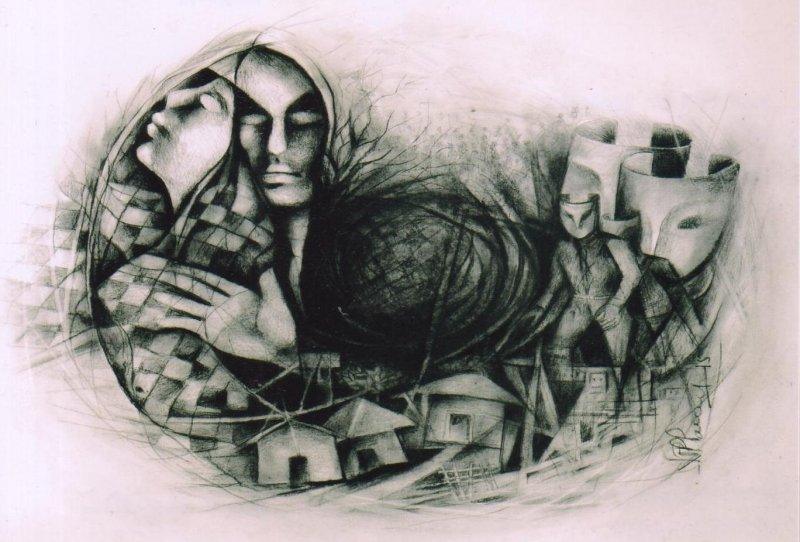 Figurative charcoal painting titled 'Untitled', 29x33 inches, by artist NP Pandey on Paper