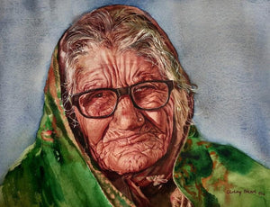 Untitled (Echoes of the Past) by Dr Uday Bhan, Original Watercolor Portrait Painting on Paper, Small Horizontal Wall Art