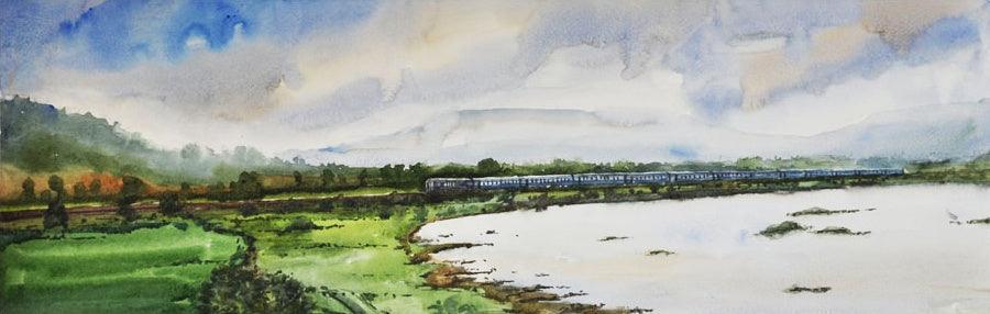 Landscape watercolor painting titled 'Untitled', 14x28 inches, by artist Ramdas Thorat on Paper