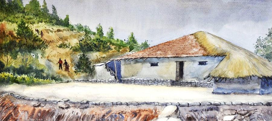 Landscape watercolor painting titled 'Untitled', 14x27 inches, by artist Ramdas Thorat on Paper