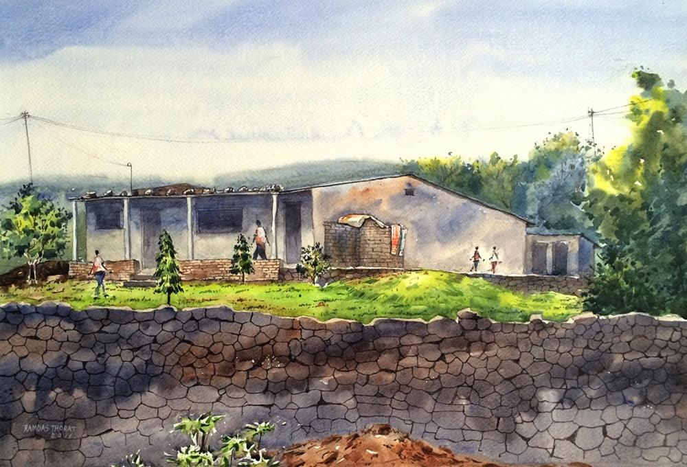 Landscape watercolor painting titled 'Untitled', 20x28 inches, by artist Ramdas Thorat on Paper