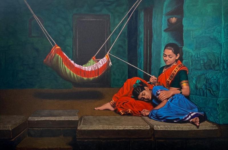 Figurative mixed media drawing titled 'Untitled', 40x60 inches, by artist Shashikant Dhotre on Paper