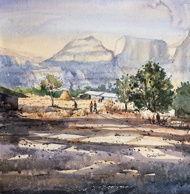 Landscape watercolor painting titled 'Untitled', 12x12 inches, by artist Ramdas Thorat on Paper