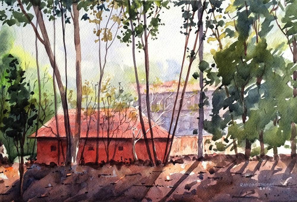 Landscape watercolor painting titled 'Untitled', 15x22 inches, by artist Ramdas Thorat on Paper