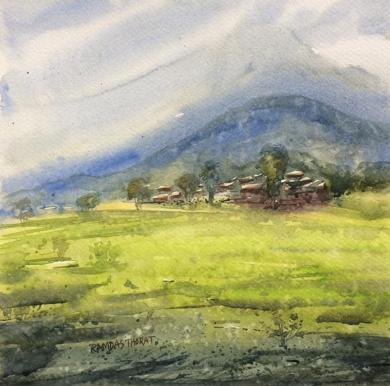 Landscape watercolor painting titled 'Untitled', 12x12 inches, by artist Ramdas Thorat on Paper