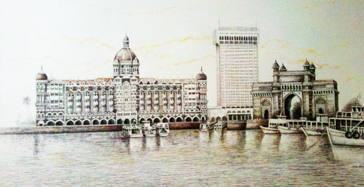Cityscape ink drawing titled 'Untitled', 24x30 inches, by artist Aman A on Canvas