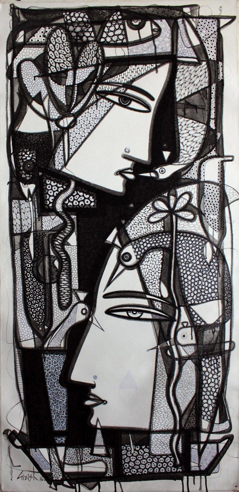 Figurative ink drawing titled 'Untitled', 23x48 inches, by artist Girish Adannavar on Canvas