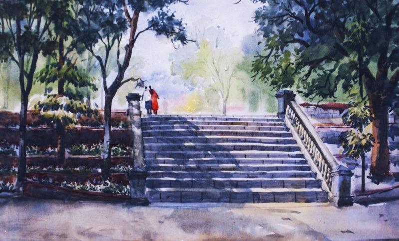 Cityscape watercolor painting titled 'Untitled', 15x22 inches, by artist Ramdas Thorat on Paper