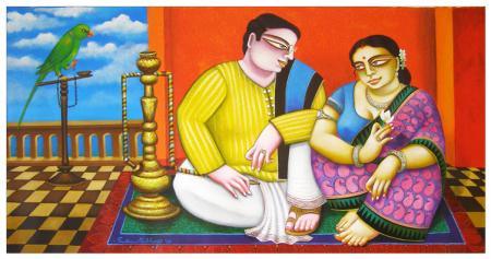 Figurative acrylic painting titled 'Untitled', 48x24 inches, by artist Gautam Mukherjee on Canvas