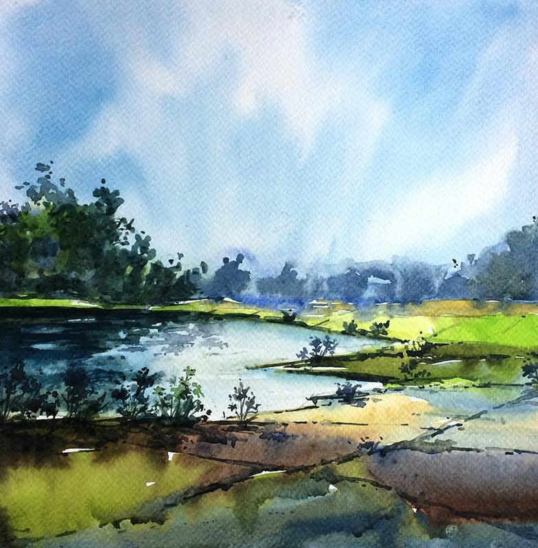 Landscape watercolor painting titled 'Untitled', 12x12 inches, by artist Ramdas Thorat on Paper