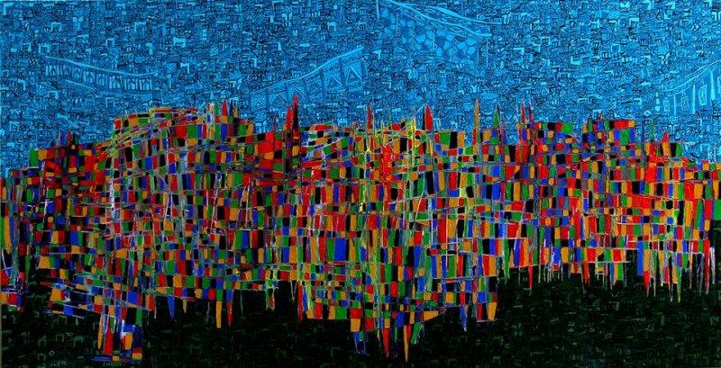 Abstract acrylic painting titled 'Untitled', 32x56 inches, by artist Rama Krishna V on Canvas