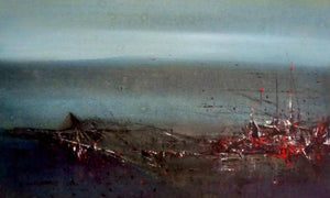 Untitled (Seascape with Ships) by Dnyaneshwar Dhavale, Original Acrylic Abstract Painting on Canvas, Small Horizontal Wall Art