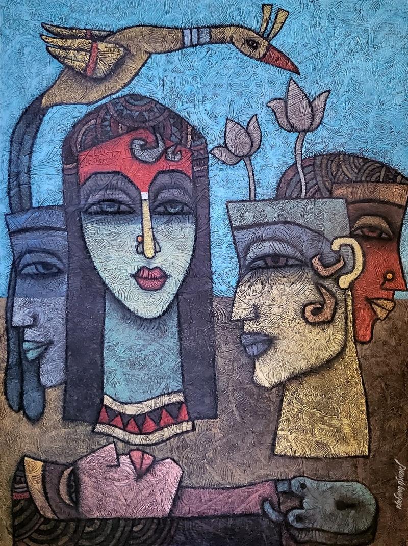 Religious mixed media painting titled 'Untitled', 48x36 inches, by artist Krishna Ashok on Canvas