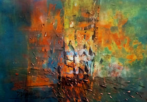 Untitled (The City Awakens) by Dnyaneshwar Dhavale, Original Acrylic Abstract Painting on Paper, X-Small Horizontal Wall Art