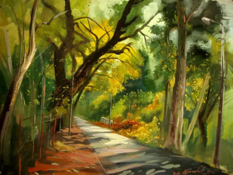 Landscape watercolor painting titled 'Untitled', 30x38 inches, by artist Hamlet Shougrakpam on Paper