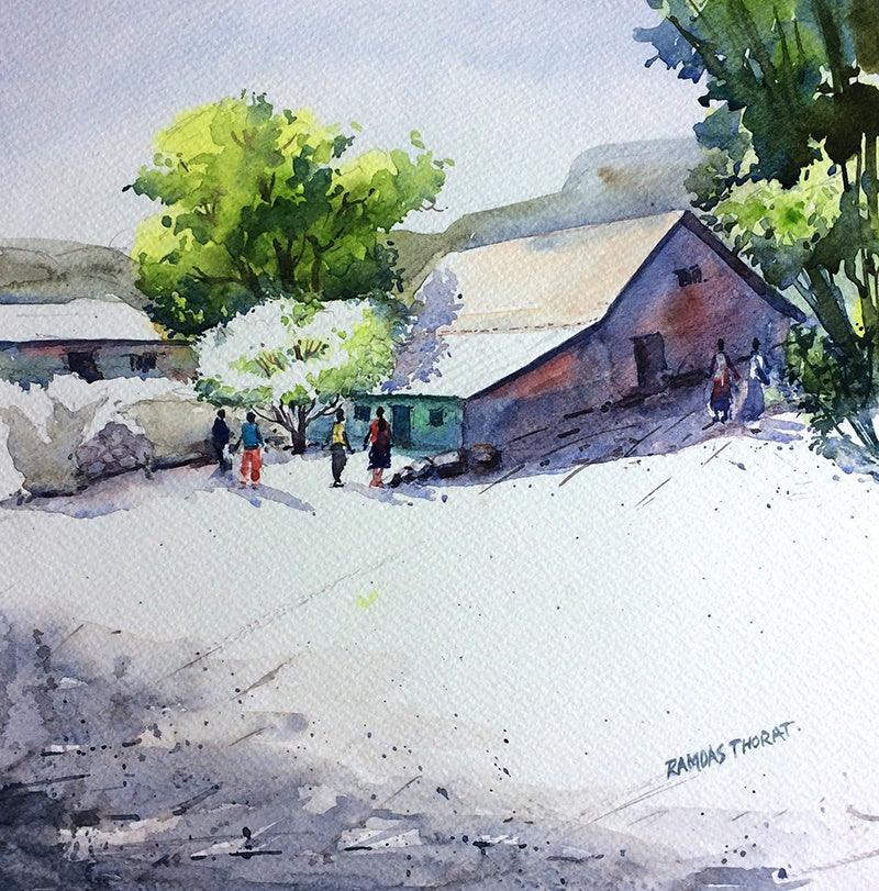 Landscape watercolor painting titled 'Untitled', 12x12 inches, by artist Ramdas Thorat on Paper