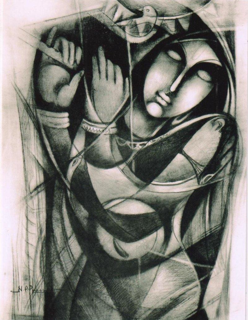 Figurative charcoal painting titled 'Untitled', 27x21 inches, by artist NP Pandey on Paper
