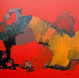Untitled (Crimson Tides) by Ravindra Parkhi, Original Acrylic Abstract Painting on Canvas, Small Square Wall Art