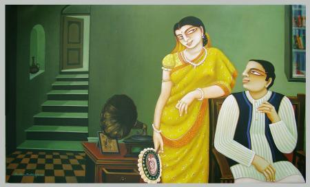 Figurative acrylic painting titled 'Untitled', 50x30 inches, by artist Gautam Mukherjee on Canvas