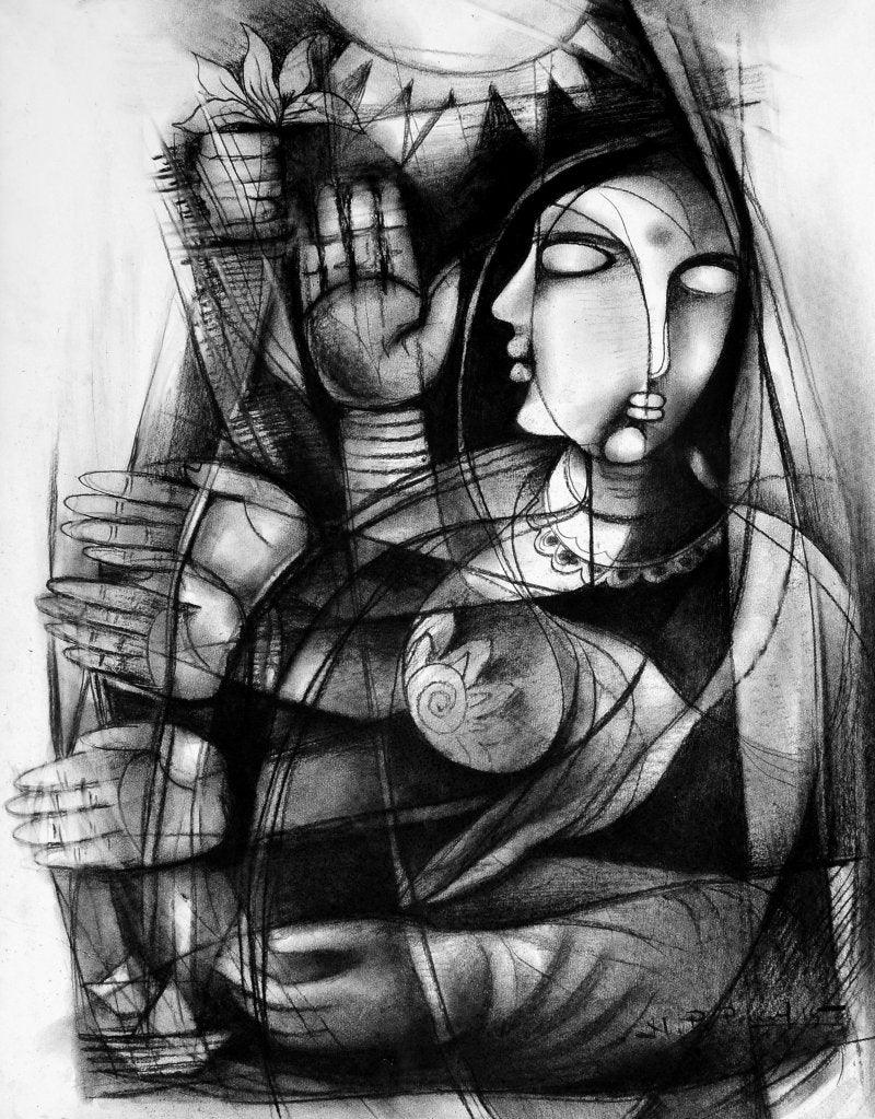 Figurative charcoal painting titled 'Untitled', 27x21 inches, by artist NP Pandey on Paper