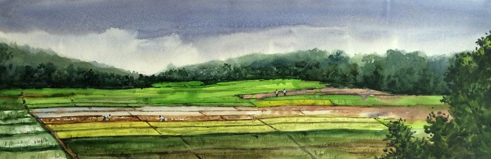 Landscape watercolor painting titled 'Untitled', 14x28 inches, by artist Ramdas Thorat on Paper