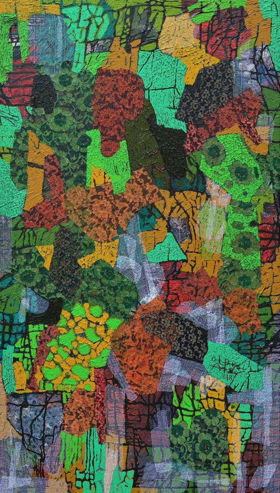 Abstract mixed media painting titled 'Untitled L', 59x30 inches, by artist Pankaj Kumar Singh on Canvas