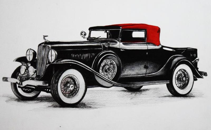 Transportation pen ink drawing titled 'VINTAGE CAR', 11x16 inches, by artist Sakshi Jain on paper