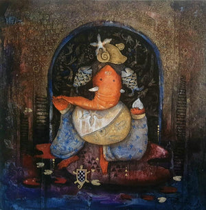 Religious acrylic painting titled 'Vakratunda', 18x18 inches, by artist Pooja Shelke on Canvas