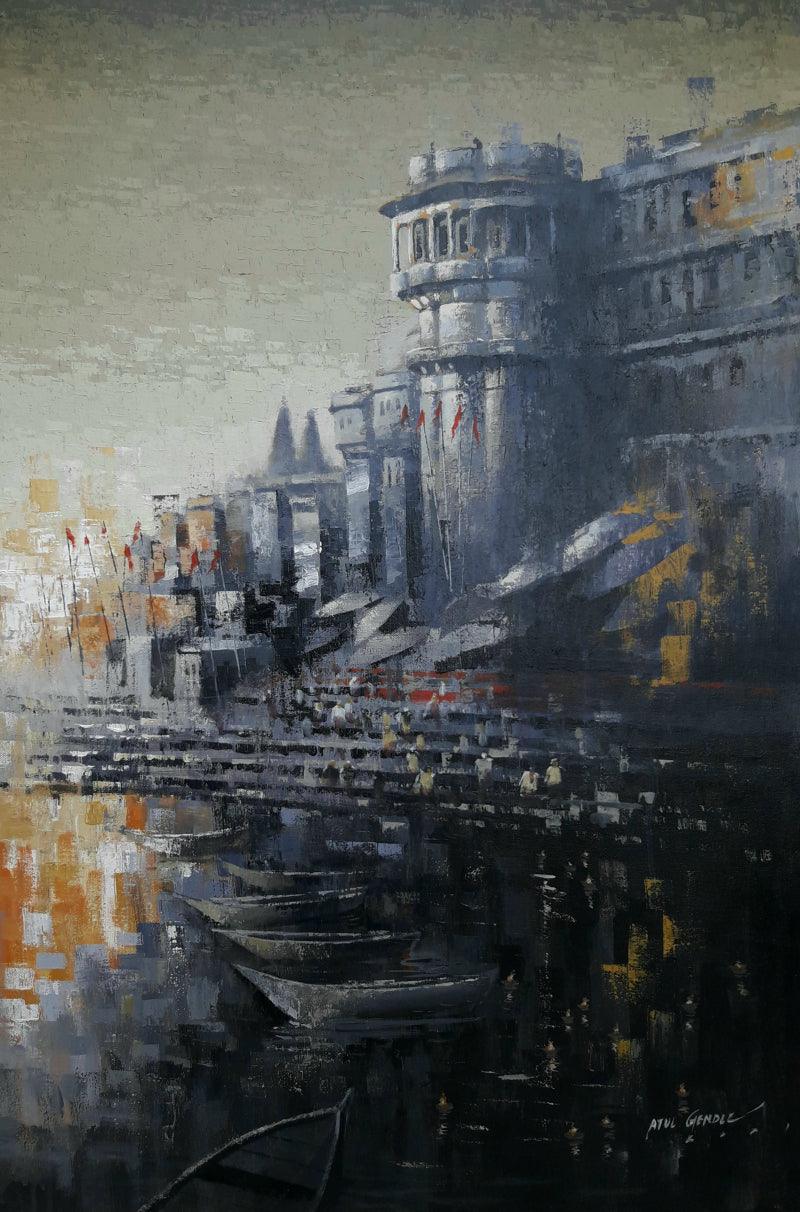 Religious acrylic painting titled 'Varanasi 1', 36x24 inches, by artist Atul Gendle on Canvas