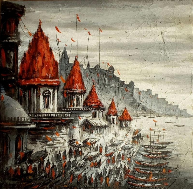 Cityscape acrylic painting titled 'Varanasi 1', 12x12 inches, by artist Ananda Das on Canvas